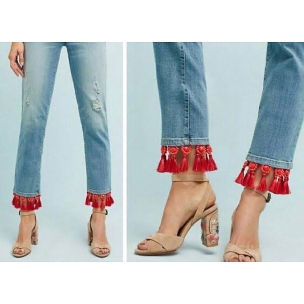 ANTHROPOLOGIE PILCRO Jeans Boho Size 27 Slim Boyfriend Red Tassel Hem Petite